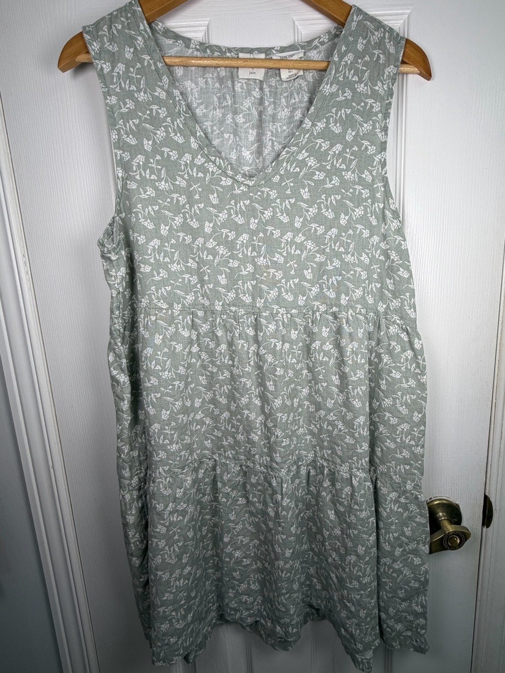 Joie Sage Green Floral Linen Midi Dress Women's L 100% Linen V Neck Tiered Boho